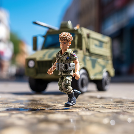 High Resolution: Action figure depicts a young male soldier with short curly brown hair in a green camouflage uniform running on a cobblestone pavement in front of a blurred military vehicle download. | HRJPG.com
