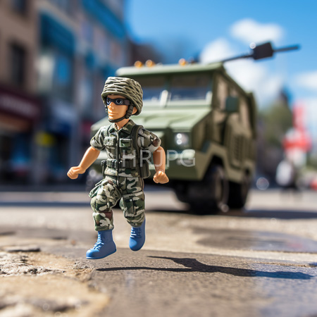 High Resolution: Action figure depicts a male soldier in a camouflage uniform blue boots and sunglasses mid-stride on a sunlit urban street with a blurred military vehicle behind him download. | HRJPG.com
