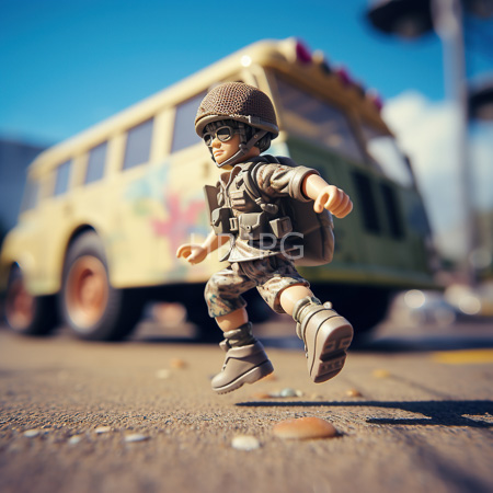 High Resolution: Action figure depicts a soldier in a camouflage uniform helmet with netted cover and goggles running on an asphalt street against a blurred yellow van background download. | HRJPG.com