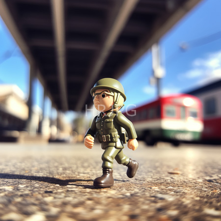 High Resolution: Action figure depicts a soldier in a green military uniform helmet with goggles and brown boots running on textured pavement under a railway bridge with a blurred train download. | HRJPG.com