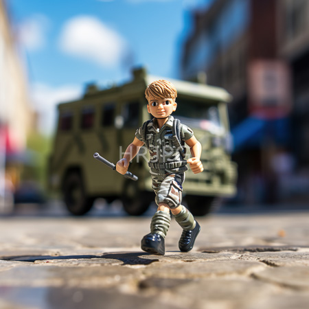 High Resolution: Action figure depicts a young soldier with short brown hair in green camouflage gear holding a knife in his right hand while running on cobblestone pavement download. | HRJPG.com