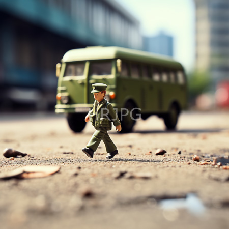 High Resolution: Action figure depicts a military officer in a green uniform and cap walking on gravel with a blurred vintage olive-green bus parked beside a blue building download. | HRJPG.com
