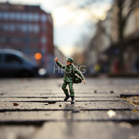 High Resolution: Action figure resembles a World War II-era soldier in a green uniform and cap standing mid-street against a blurred urban background with parked cars download. | HRJPG.com