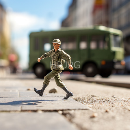 High Resolution: Small detailed plastic soldier in a green WWII-era uniform and cap running on an urban street with a blurred dark-green bus in the background download. | HRJPG.com