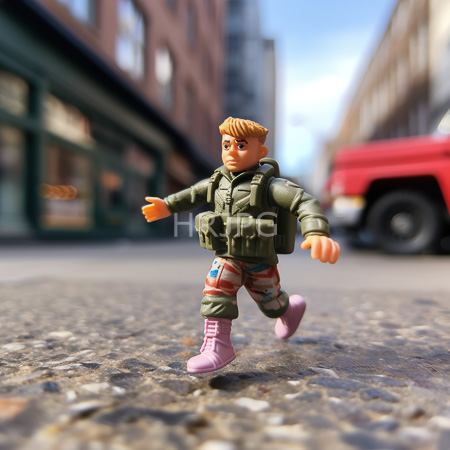 High Resolution: Action figure depicts a male soldier with light brown hair in green tactical gear and pink boots running on a cobblestone street with a blurred red truck download. | HRJPG.com