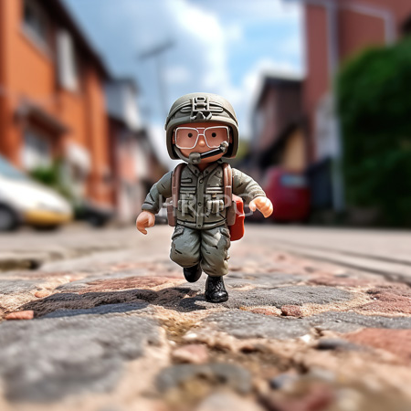 High Resolution: Action figure depicts a soldier in green military gear including a helmet with insignia and goggles running on a cobblestone street with blurred red-brick buildings download. | HRJPG.com