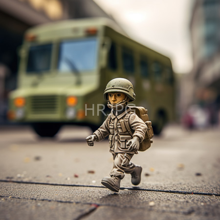 High Resolution: Small detailed LEGO soldier with an olive-green helmet and tan uniform walking on an urban street carrying a brown backpack with a blurred green military-style bus download. | HRJPG.com