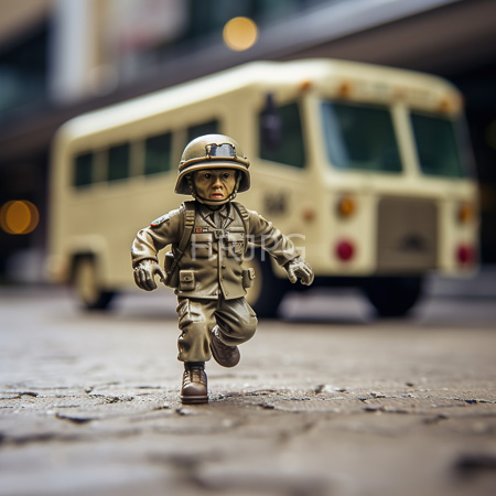 High Resolution: Intricately detailed small figurine soldier in tan military gear and helmet running on wet pavement with a blurred beige city bus background download. | HRJPG.com