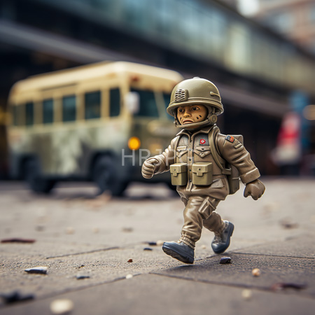 High Resolution: Intricately detailed small plastic soldier figurine in military gear with a tan uniform walking on an urban street with a blurred yellow bus background download. | HRJPG.com
