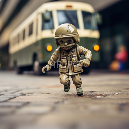 High Resolution: Olive-green toy soldier figurine with a helmet and vest running on a cobblestone street with a blurred green-and-white bus background download. | HRJPG.com