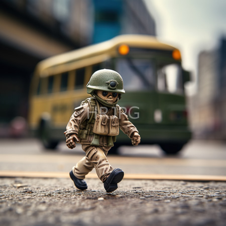 High Resolution: Action figure soldier in realistic military gear including a green helmet and tan uniform running on an urban street pavement with a blurred yellow-green bus behind it download. | HRJPG.com