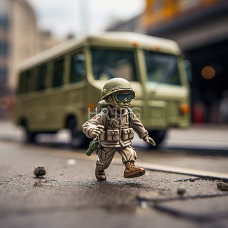 High Resolution: Action figure depicts a soldier in beige camouflage gear helmet with goggles and holding a green bottle walking on wet pavement beside a blurred olive-green van download. | HRJPG.com