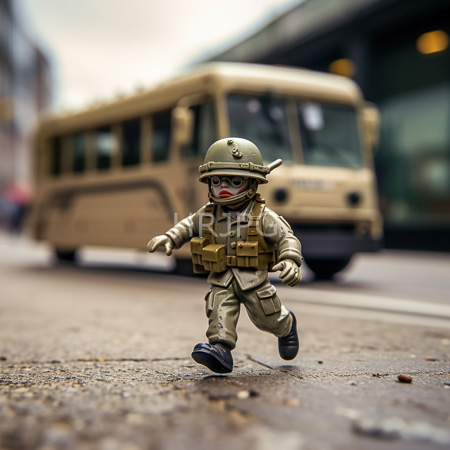 High Resolution: Action figure depicts a soldier in tan military gear including a helmet and tactical vest running on an urban street with a blurred beige bus background download. | HRJPG.com