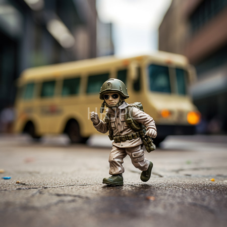 High Resolution: Action figure depicts a small detailed soldier in a beige uniform and green helmet running on wet pavement with a blurred yellow bus background download. | HRJPG.com