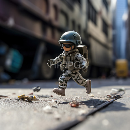 High Resolution: Action figure depicts a soldier in a camouflage uniform helmet with visor and backpack running on urban street debris with blurred buildings background download. | HRJPG.com