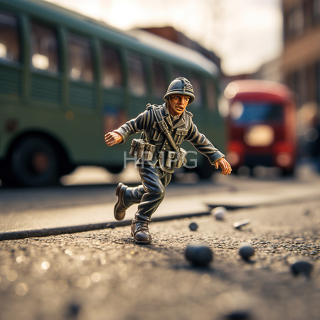 High Resolution: Action figure depicts a World War II soldier in mid-run wearing a gray uniform and helmet with a blurred green bus and red truck in the background download. | HRJPG.com