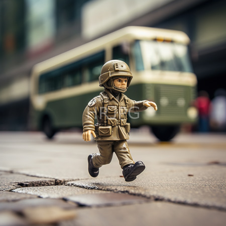 High Resolution: Action figure depicts a soldier in an olive green uniform and helmet walking on wet pavement with one arm extended forward with a blurred vintage bus background download. | HRJPG.com