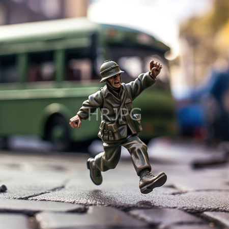 High Resolution: Action figure depicts a World War II-era soldier in a green uniform helmet and boots running on textured pavement with a blurred vintage-style bus background download. | HRJPG.com