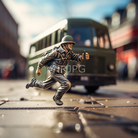 High Resolution: Action figure depicts a World War II-era soldier in a gray uniform and helmet running with thumbs up on a paved street with a blurred green bus background download. | HRJPG.com