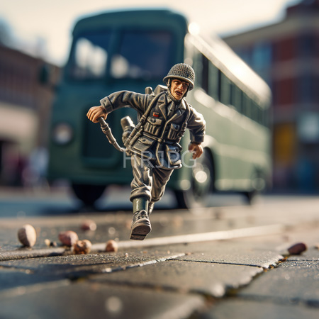 High Resolution: Action figure depicts a soldier in a gray uniform helmet with a netted design and backpack running on a cobblestone street with a blurred green bus download. | HRJPG.com