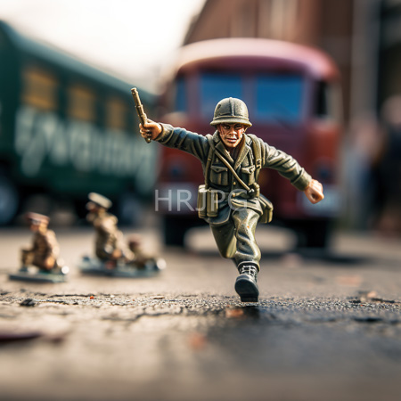 High Resolution: Miniature World War II soldiers in action one leading and pointing forward while running on an asphalt street with blurred vehicles in the background download. | HRJPG.com