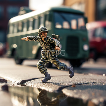 High Resolution: Action figure depicts a World War II-era soldier in a green uniform helmet and backpack running on a wet street with reflections and a blurred vintage dark-green bus download. | HRJPG.com
