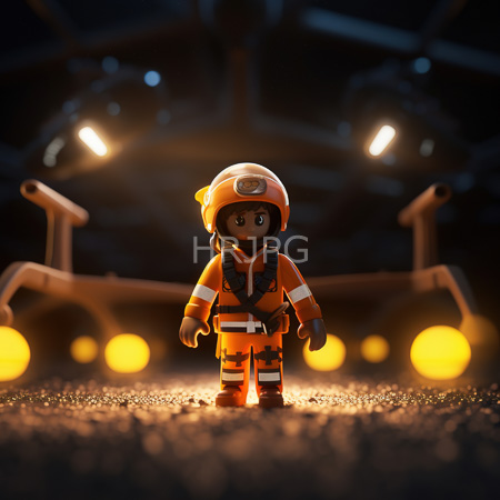 High Resolution: LEGO minifigure depicts a dark-skinned male miner wearing orange and white striped overalls and a safety helmet standing in front of blurred industrial machinery download. | HRJPG.com