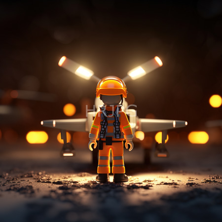 High Resolution: Orange-clad LEGO minifigure with reflective stripes wears a safety helmet standing in front of blurred lights resembling aircraft landing gears at night download. | HRJPG.com