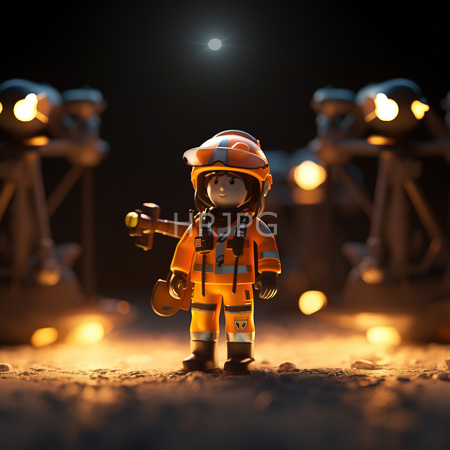High Resolution: Orange-clad LEGO minifigure with black hair wears a safety helmet and holds a flashlight standing on sandy ground under soft moonlight glow download. | HRJPG.com