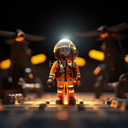 High Resolution: Orange-clad LEGO minifigure with a safety helmet gloves and harness stands in dim light on a metallic surface with blurred industrial equipment behind download. | HRJPG.com