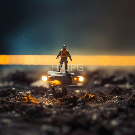 High Resolution: Miniature astronaut figure standing on top of a small toy car with glowing headlights set against a blurred rocky terrain and dark sky download. | HRJPG.com