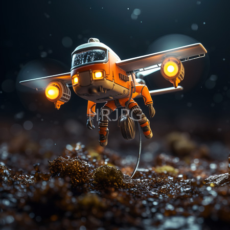 High Resolution: Orange futuristic drone with glowing lights hovers above rocky terrain covered in seaweed and pebbles under dim lighting with dark blue-black background download. | HRJPG.com
