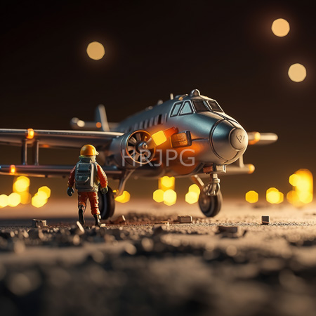 High Resolution: Intricately detailed miniature silver airplane with orange accents parked at night with a small figurine astronaut in a red suit standing in front of it download. | HRJPG.com