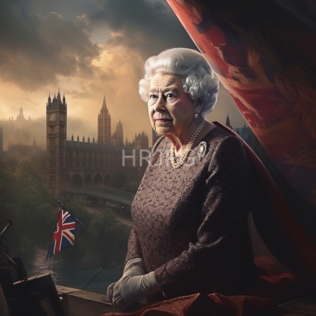High Resolution: Photorealistic elderly white woman with curly silver hair wears a brown patterned robe sitting by a red curtain overlooking London's Parliament buildings at sunset download. | HRJPG.com