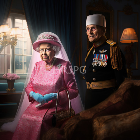 High Resolution: Photorealistic elderly queen in a pink textured dress and matching hat stands beside a military officer adorned with medals in an opulent setting download. | HRJPG.com