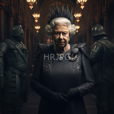 High Resolution: Photorealistic elderly regal woman with pale skin and white hair wears a black lace dress and a spiky crown-like headpiece with a pearl necklace download. | HRJPG.com