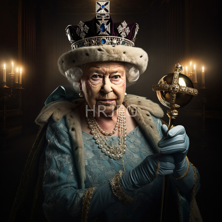 High Resolution: Elderly Caucasian queen with wrinkled skin and blue eyes wears ornate royal attire including a jeweled crown and holds a golden orb topped by a cross download. | HRJPG.com