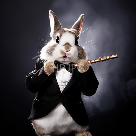 High Resolution: Anthropomorphic rabbit with white and brown fur wears a black tuxedo jacket and holds a golden flute to its mouth against a dark gray background download. | HRJPG.com