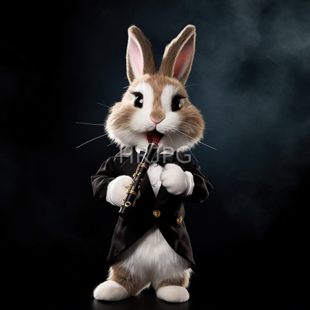 High Resolution: Anthropomorphic rabbit with white and brown fur stands against a dark blue gradient background holding a black violin while dressed formally in a tuxedo jacket download. | HRJPG.com