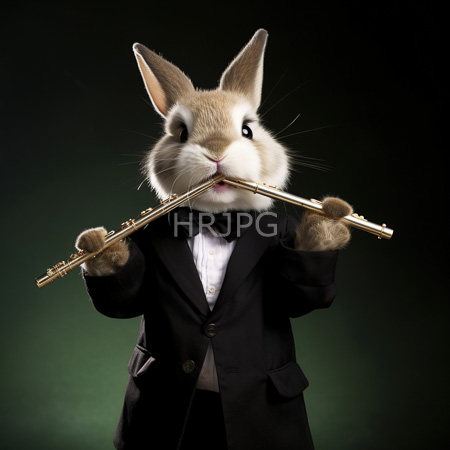 High Resolution: Anthropomorphic rabbit playing a golden flute dressed in a black tuxedo with a white shirt and bow tie against a dark green gradient background download. | HRJPG.com