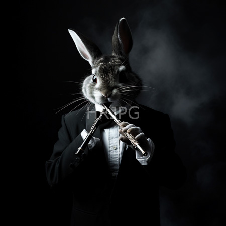 High Resolution: Anthropomorphic rabbit in a formal black tuxedo plays a silver flute against a dark background with soft smoke effect download. | HRJPG.com