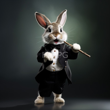 High Resolution: Photorealistic anthropomorphic rabbit in formal attire stands against a dark gradient background with soft green lighting wearing a black tuxedo jacket over a pinstripe shirt download. | HRJPG.com