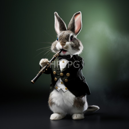 High Resolution: Photorealistic anthropomorphic rabbit with gray and white fur stands upright against a blurred green background wearing a black tuxedo jacket and holds a small object download. | HRJPG.com