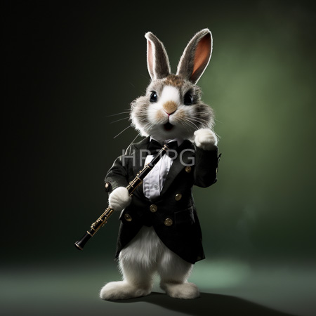 High Resolution: Photorealistic anthropomorphic rabbit with white and brown fur stands against a dark green gradient background wearing a black tuxedo jacket and holds a silver flute download. | HRJPG.com
