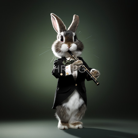 High Resolution: Photorealistic anthropomorphic rabbit with gray and white fur stands upright against a dark green gradient background holding a silver flute dressed formally in a tuxedo download. | HRJPG.com