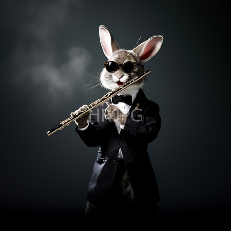 High Resolution: Anthropomorphic rabbit playing a flute dressed in a black tuxedo with a bow tie and round sunglasses against a gray background download. | HRJPG.com