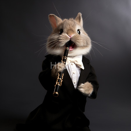 High Resolution: Anthropomorphic grey rabbit with fluffy fur wears a black tuxedo and white bow tie while playing a golden clarinet against a dark gradient background download. | HRJPG.com