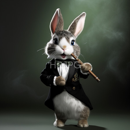 High Resolution: Anthropomorphic rabbit with gray and white fur stands upright against a dark green gradient background wearing a black tuxedo jacket with gold embroidery download. | HRJPG.com