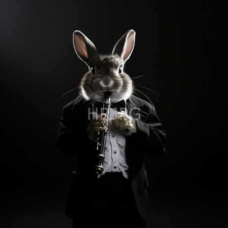 High Resolution: Anthropomorphic rabbit dressed in a formal black tuxedo holds and plays a wooden flute against a dark background with soft lighting download. | HRJPG.com