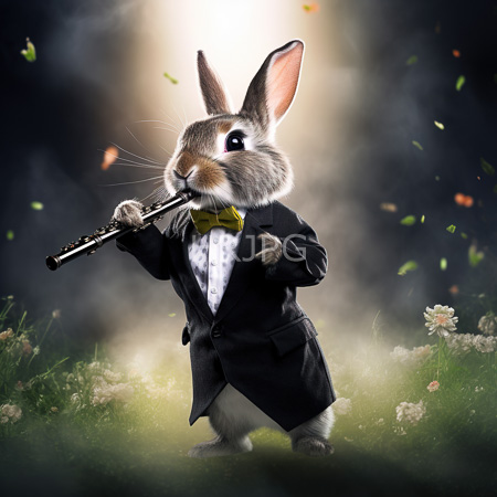 High Resolution: Photorealistic anthropomorphic rabbit playing a silver flute dressed in a black tuxedo with a yellow bow tie standing on a grassy field with small flowers download. | HRJPG.com